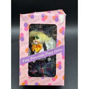 ARTMK Fine Porcelain Plaid Hobo Evil Clown Figure Blue Plaid Vintage 1992 w/ Box